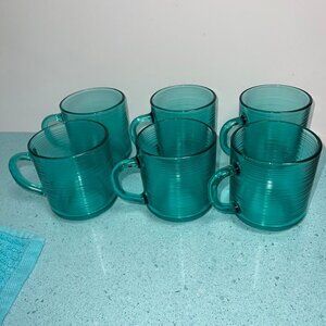 Arcoroc Vintage Mugs Jardiniere Teal Glass Ribbed Tea Coffee Set Of 6 France
